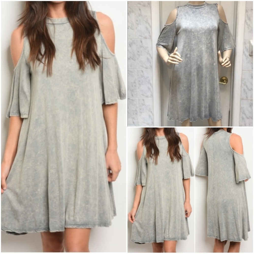 LIGHT GREY MINERAL WASHED COLD SHOULDER DRESS